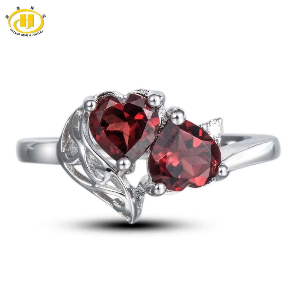 

Hutang Natural Garnet & Diamond Accents Ring Solid 925 Sterling Silver Double Heart Fine Jewelry valentine's day gift