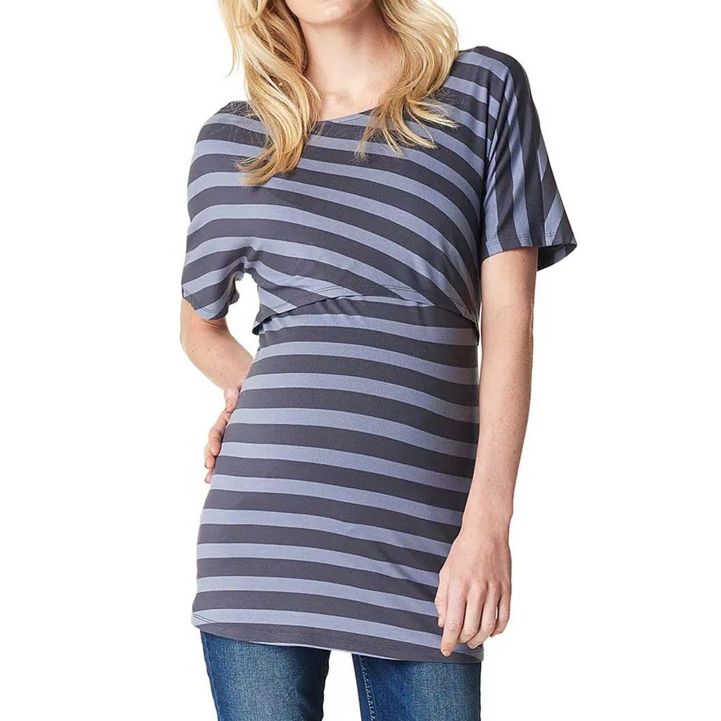 Женская Футболка для беременных с круглым вырезом и коротким рукавом, топы для кормления, одежда в полоску, серая блузка размера плюс для беременных