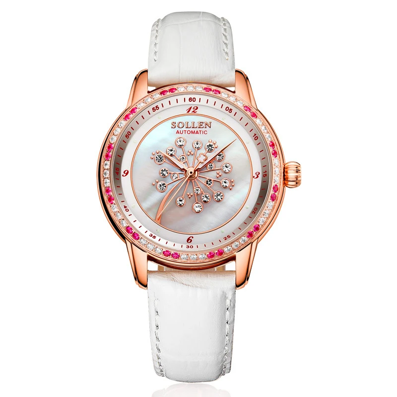 

SOLLEN SL408 watches women luxury automatic mechanical Romantic dandelion shell pearl diamond sapphire Italian calfskin white
