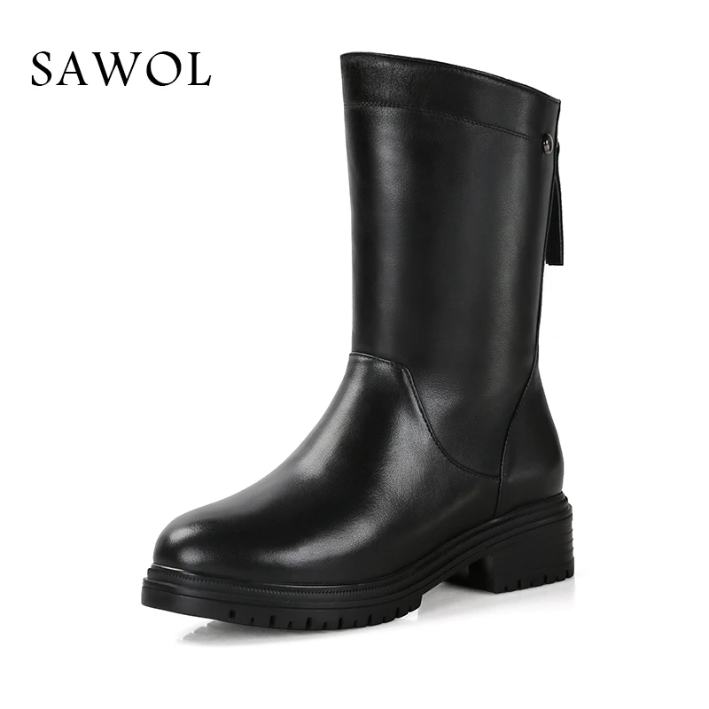 

Women Genuine Leather Boots Mid Calf Boots Women Winter Shoes Natural Wool Boots Brand Women Shoes With Platform 42 43 Sawol