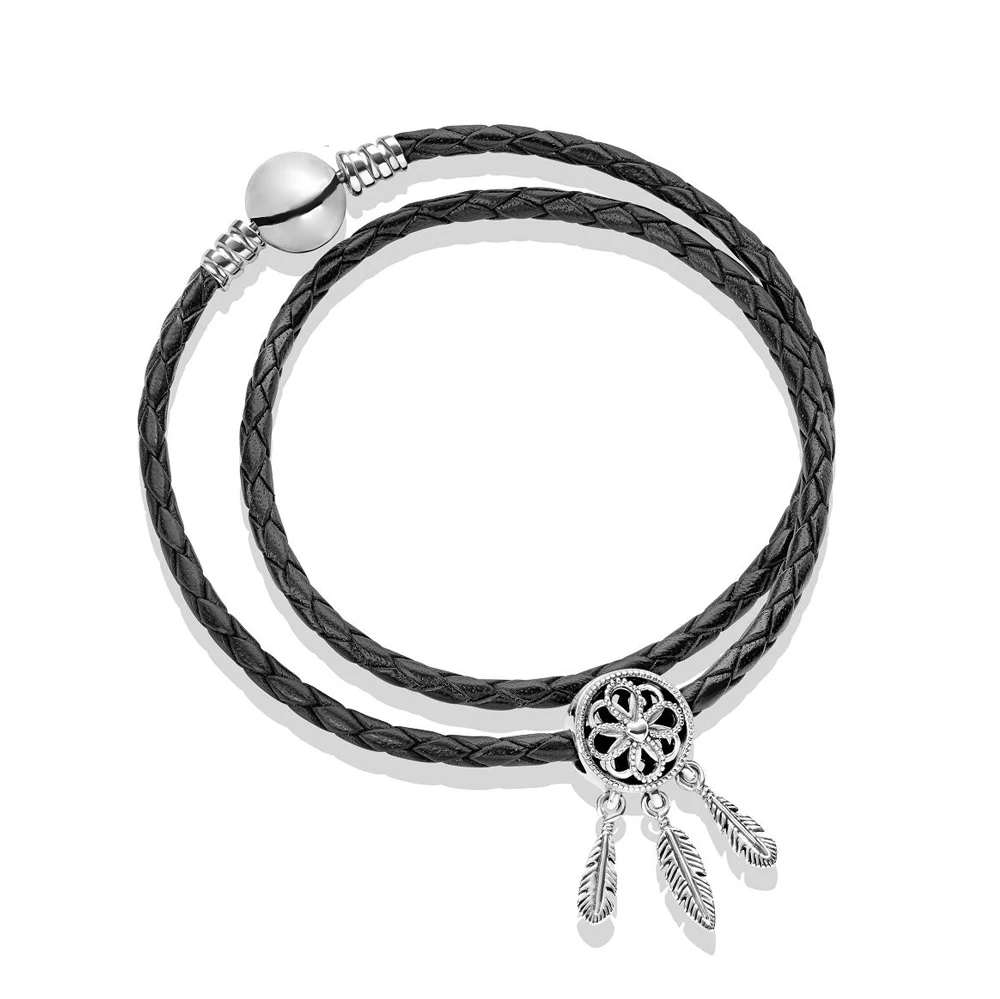 

NEW 100% 925 Sterling Silver Genuine Charm Holy Feathers and Black Leather Hand Strap Set Wedding Vintage Jewelry 2018