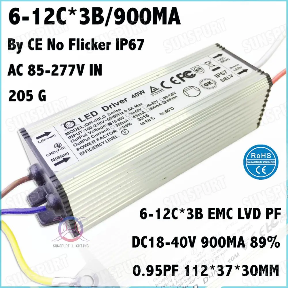

3 шт. TUV-CE без мерцания PF IP67 40 Вт AC85-277V светодиодный драйвер 6-12Cx3B 900mA DC18-40V постоянного тока для потолочной лампы Бесплатная доставка