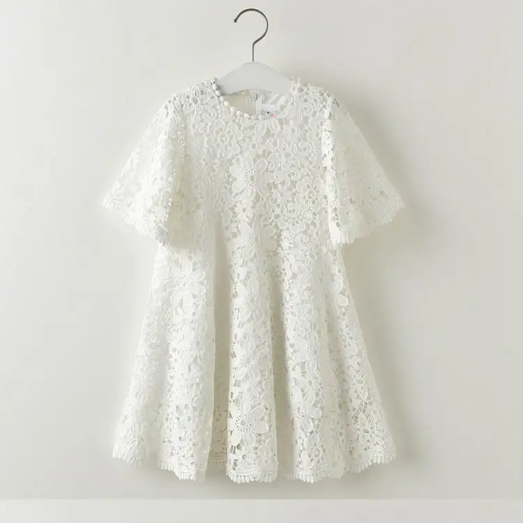 

Spring Summer New Girl Princess Dress Half Sleeve White Lace Hollow Dress For Wedding Birthday Party Children Clothing E1660