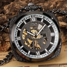 Винтажные черные стимпанк Резные Механические карманные часы для мужчин FOB поясная цепь Ретро полые Скелет кальмар Римский циферблат Мужские часы Gif