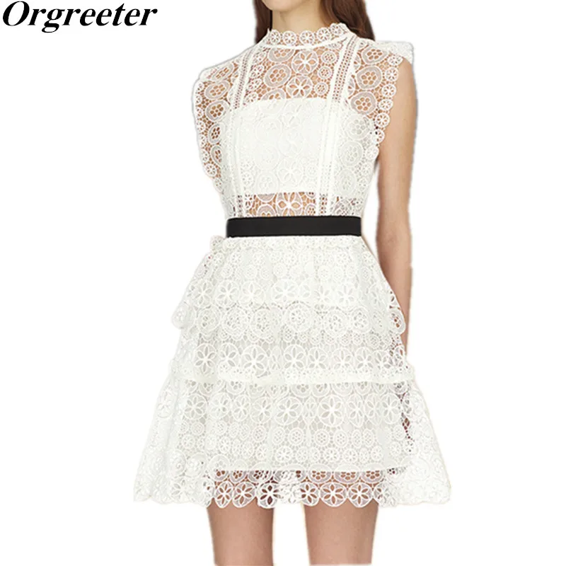 

New Lace Dress Women 2018 Self Portrait Summer Sexy Hollow Embroidery Sleeveless Tunic Dress White Frill Party Lace Sundress