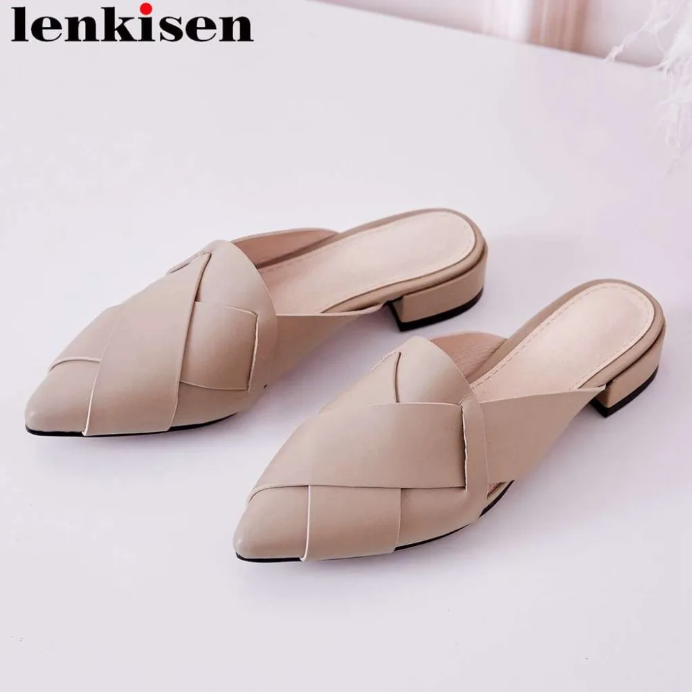 

Lenkisen hot selling genuine leather slip on mules low heels pointed toe women pumps pretty girls British style casual shoes L06