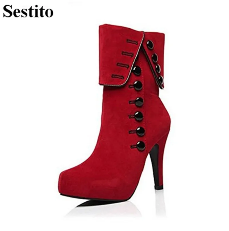 

Red Flock Button Turned-over Edge Woman Boots Round Toe Platform Ankle Boots For Women Thin Heels Zip Autumn Winter Women Shoes
