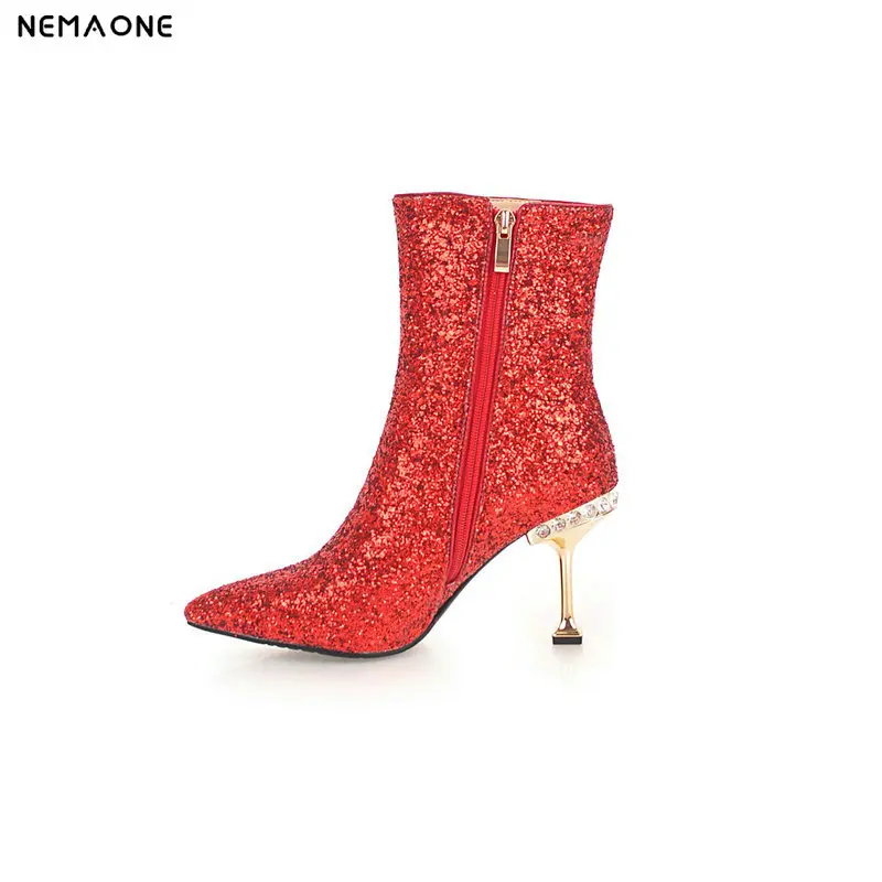 

NEMAONE New women high heels ankle boots shiny bling winter warm dancing shoes ladies boots party dress wedding shoes woman
