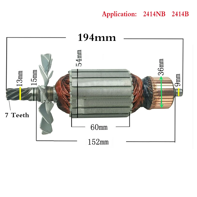 AC220-240V 7 зубьев приводной вал электрический молоток сталь режущая машина ротор 355 для Makita 2414NB 2414B 516563-1 516564-9 - Цвет: Rotor