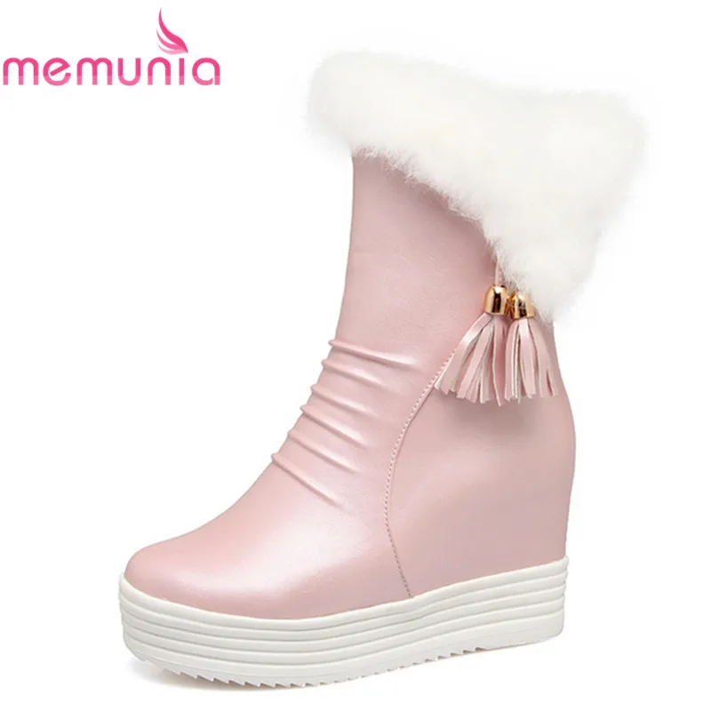 

MEMUNIA 2018 new arrival mid calf boots round toe 3cm platform boots with faux fur zip pu leather winter boots women high heels