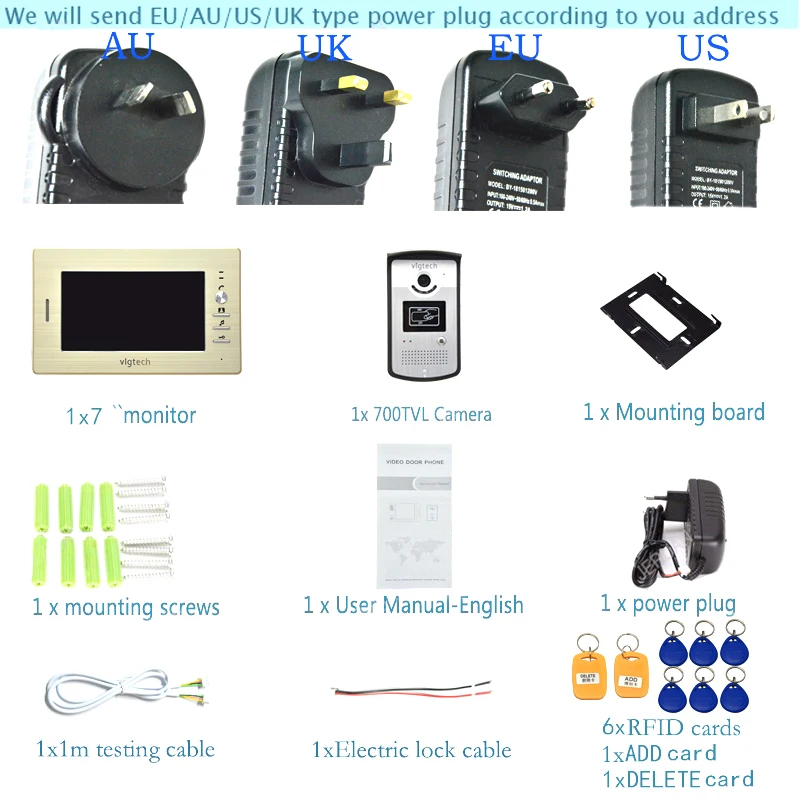 Vigtech Главная 7 "видео домофон Системы с 1 золотой монитор 1 RFID Card Reader HD дверной звонок Камера бесплатная доставка