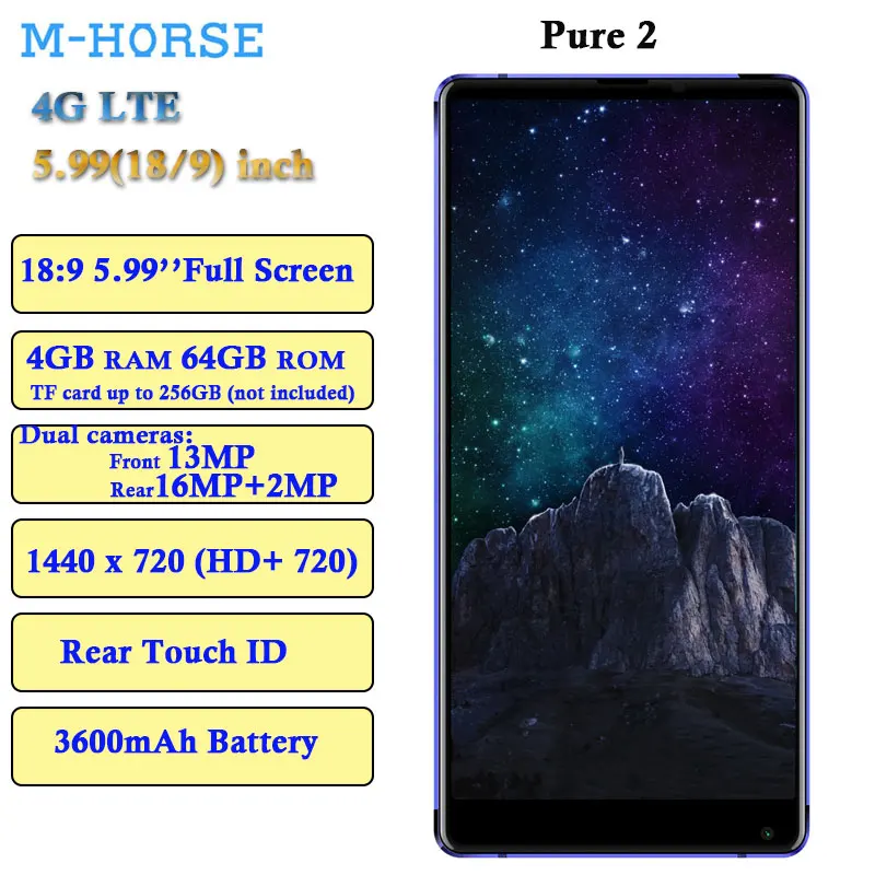 M-HORSE Pure 2 Smartphone 5.99''18:9 4GB RAM 64GB ROM Android 7.0 MTK6750 Dual Rear Cams 16.0MP+13MP Fingerprint 4G Cell Phone