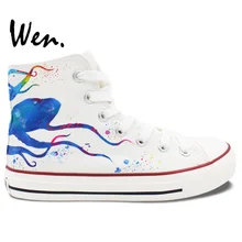 Wen Design Custom Hand Painted Shoes Blue Octopus Men Women’s High Top White Canvas Sneakers for Boys Girls