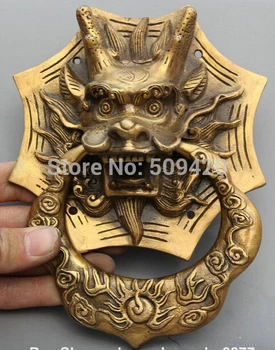 

SCY Old Chinese Fengshui Bronze Foo Dog Dragon Kylin Door Holder Gate Knockers