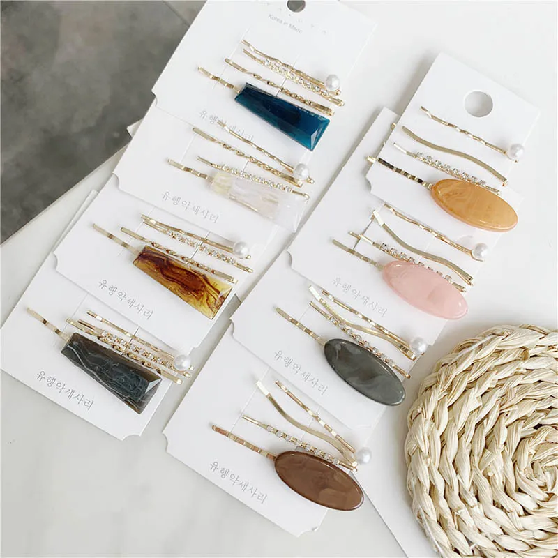 

M MISM New Sweet Oval Resin Acetate Metal Headwear Set 4pcs Geometric Pearl Crystal Hairpins For Women Girl Hair Accessories