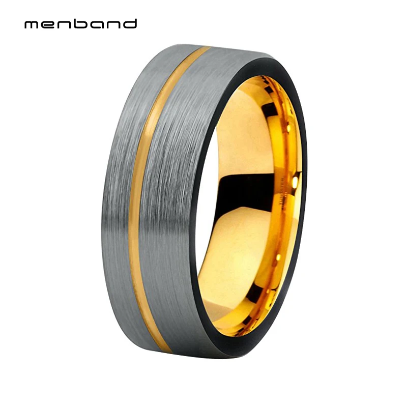 

Gold Mens Womens Wedding Band Tungsten Carbide Rings 8mm Silver Matte Finished Offset Grooved Gold Comfort Fit Flat Band
