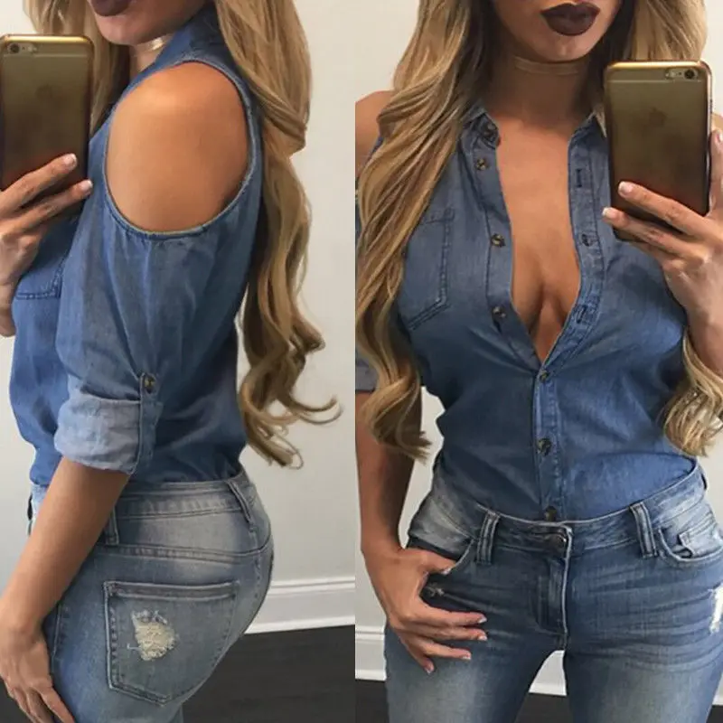 

Casual Vintage Retro Women Fashion Sexy Long Sleeve Cold Shoulder Button Jeans Shirt Imitation denim Blouse Tops