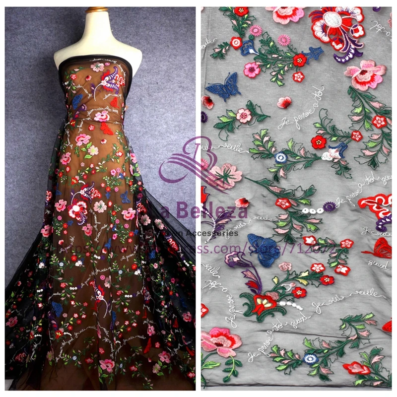 

La Belleza 1 yard Beautiful color lace fabric hight quanlity mixed on black net embroidery dress lace fabric 51" width SN171107