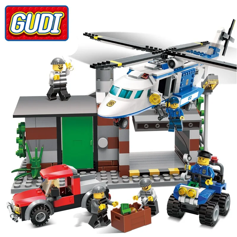 Legoings City GUDI Police Patrol Helicopter 628 Pcs Mini Bricks Without Box Assemble Building Block Set Toy For Children Legoing