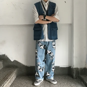 

2019 Summer New Men's Korean Version Of The Trend Loose Thin Section Cartoon Cotton Simple Casual Denim Trousers