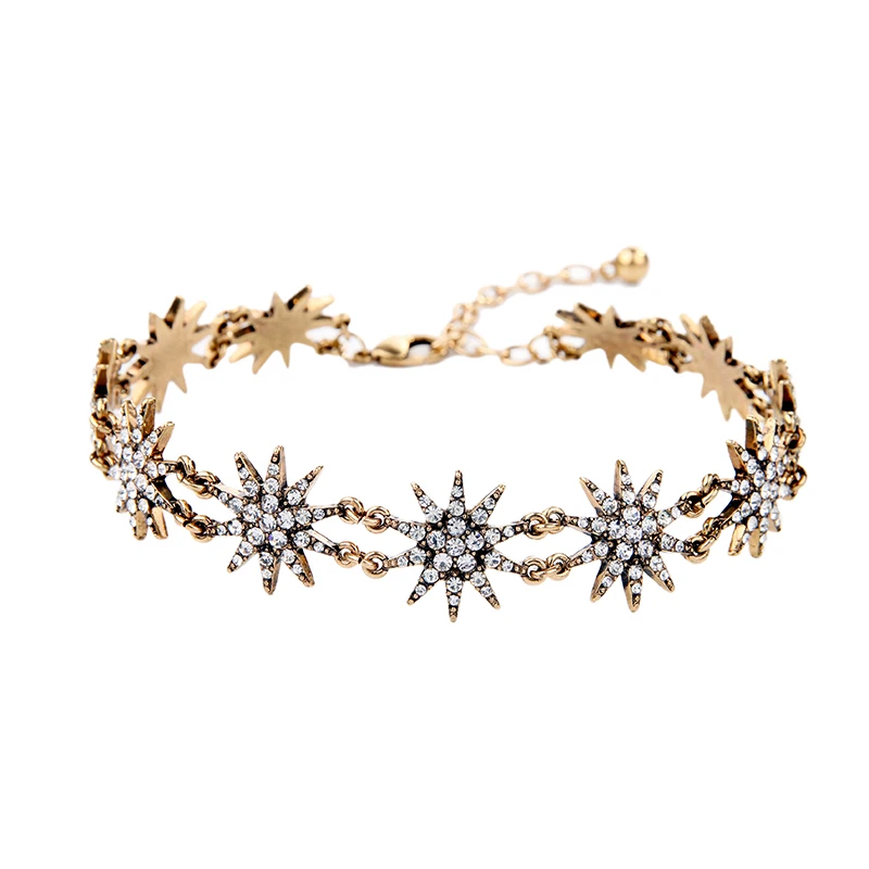 

Bridal Jewelry Crystal Snow Flower Choker Necklace Bright Antique Gold Color Charming Wedding Necklace Collier Wholesale