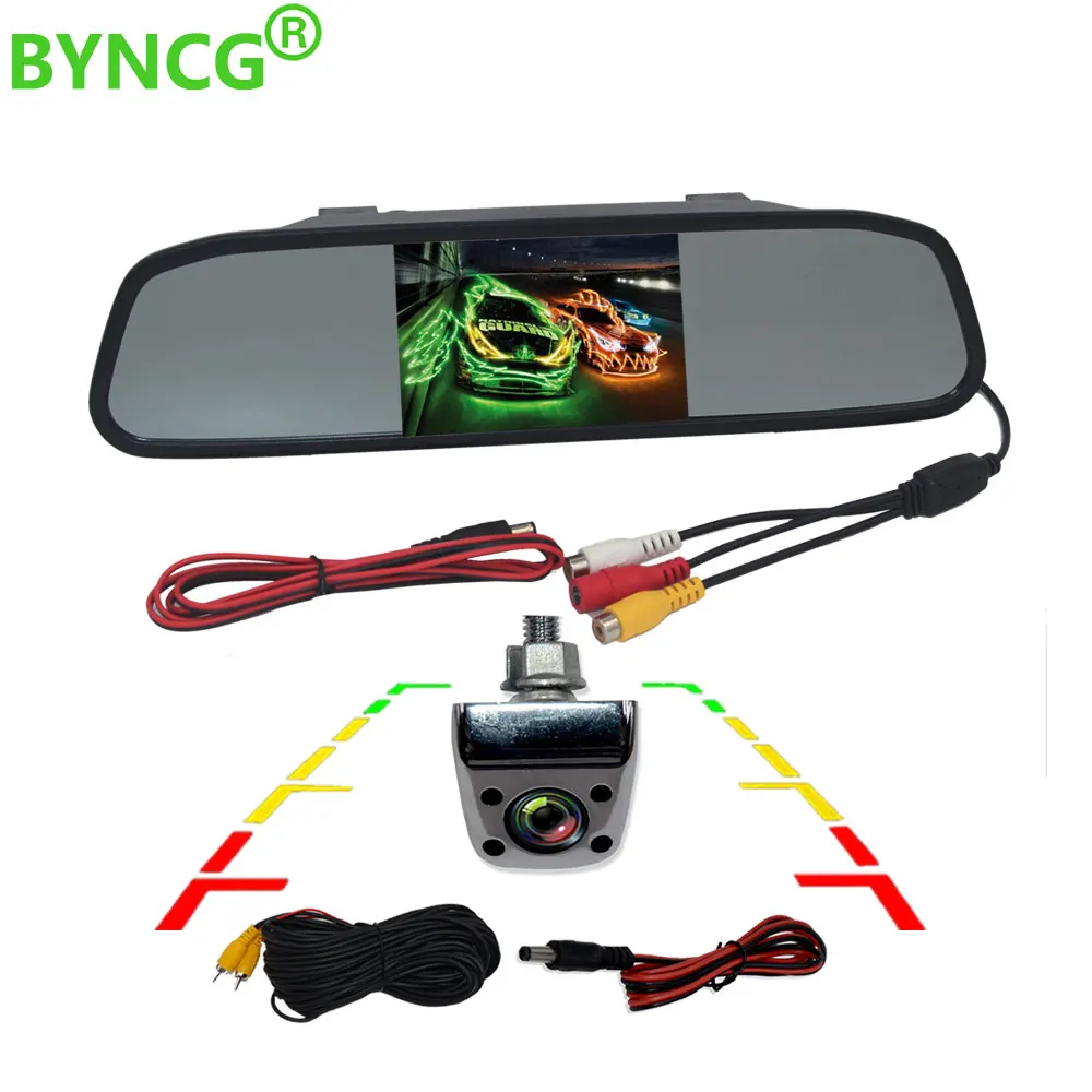 

BYNCG CCD HD Waterproof Parking Monitors System, 4 IR Night Vision Car Rear View Camera + 4.3 inch Car Rearview Mirror Monitor