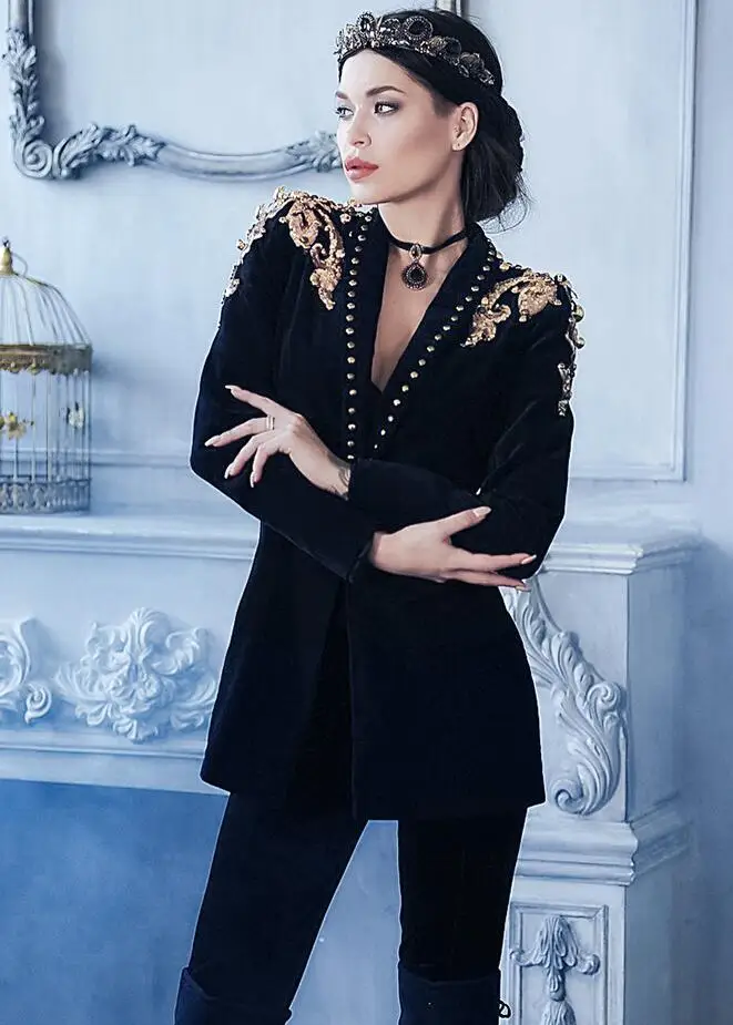 Women Embroider Suit Black Velvet Long Sleeves Formal Warm Coat Jacket Women Embroider Suit Black Velvet Long Sleeves Formal Warm Coat Jacket