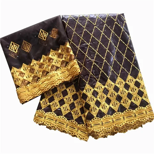 5 ярдов+ 2 ярдов индийский Базен Riche кружевная ткань с блузкой вышитая бисером золотая линия кружевная ткань для бассейна KY010710 - Color: same as picture
