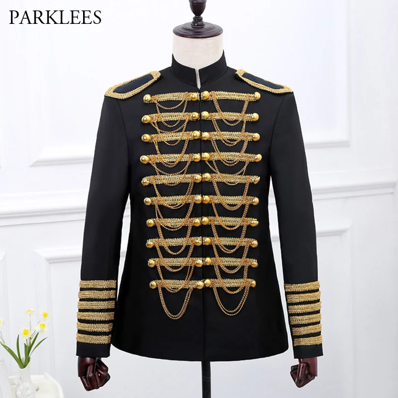 

Classic Military Blazer Jacket Men Double Breasted Embroidery Mens Black Red Suits Prom Wedding Singer Costumes Stage Wear Homme