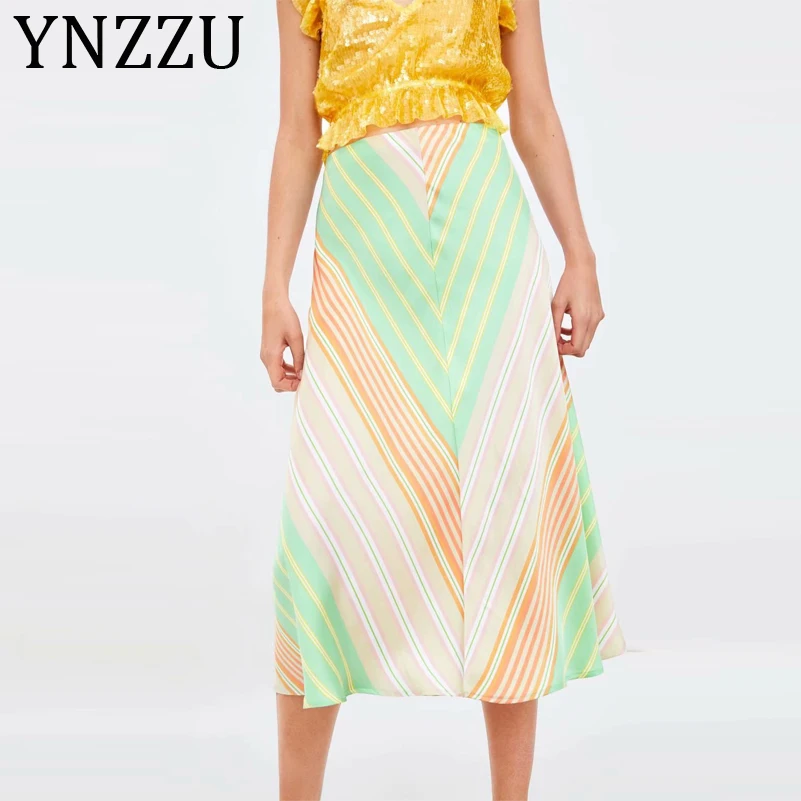 

YNZZU Elegant Striped Satin Silk Skirt Women 2019 Summer High Waist Female Midi Calf A Line Skirts Women Bottoms Zipper AB185