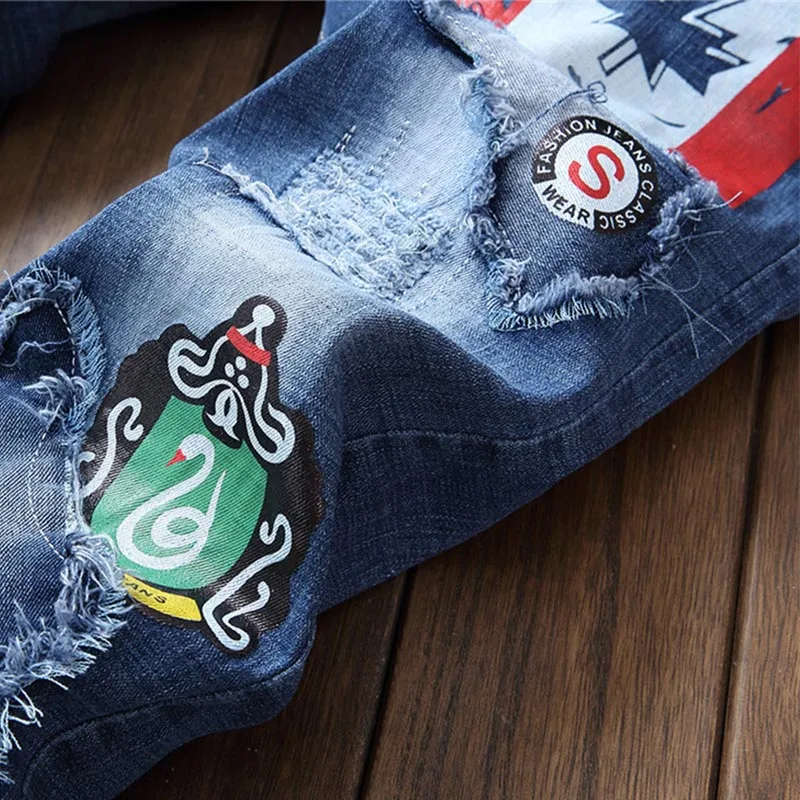 Mcikkny New Fashion Men Ripped Denim Jeans With Patchwork Slim Fit Male Straight Hole Cotton Jeans Pants Biker Casual Trousers 