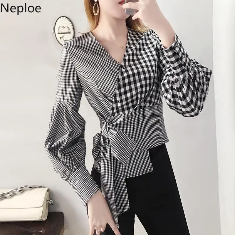 

Neploe Plaid Patchwork Blouse Shirt Fashion Women Tops Blouses 2019 Long Sleeve Lace Up Female Shirt Office Lady Blusas 38770
