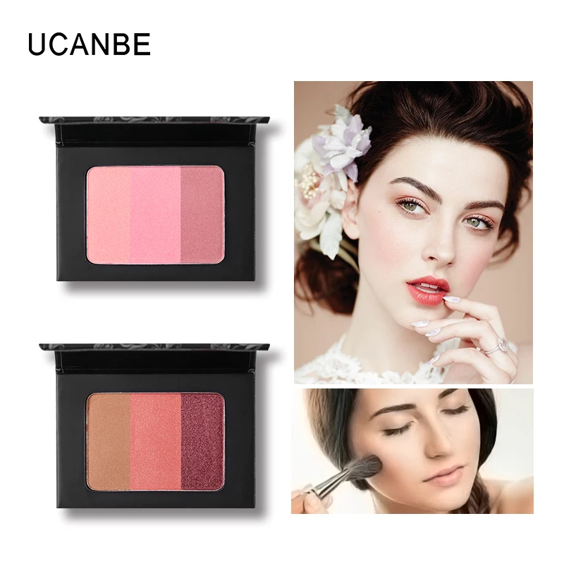 UCANBE Brand 3 In 1 Mineral Blush Makeup Palette Face Cheek Bronzer Blusher Shading Pressed Powder Contour Natural Pink Cosmetic