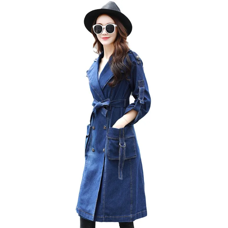 Британский стиль, Женский Тренч, новинка, модное приталенное пальто с поясом, женское повседневное двубортное пальто с карманами, длинная джинсовая ветровка
