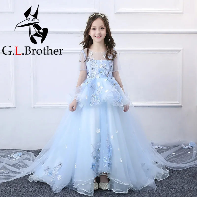 

Luxury Ball Gown Princess Dress Floor Length Flower Girls Dresses Wedding Long Tailling Kids Pageant Crystal Dress Party D119