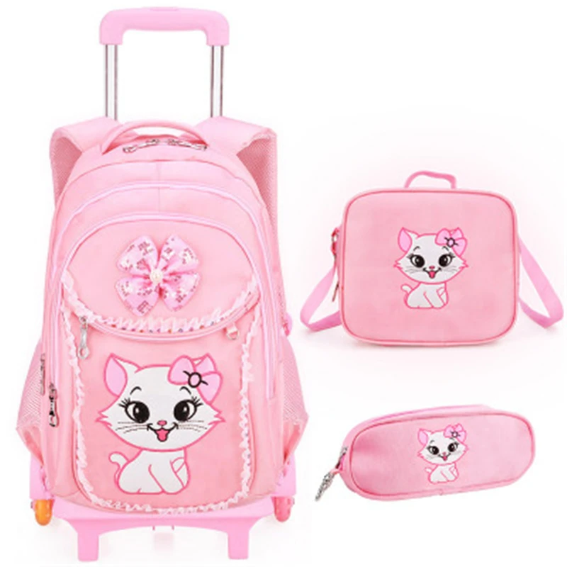 School Wheeled Backpack for Girls with Cute Cat Printing Rolling Backpacks Bag Kids School backpack On wheels Trolley Travel Bag