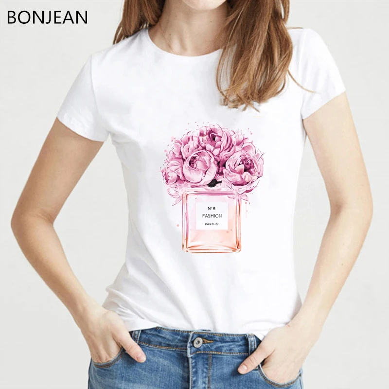 

2019 Summer tops Women Flower Perfume t shirt female harajuku tee shirt femme camisetas mujer O-neck Short Sleeve t-shirt