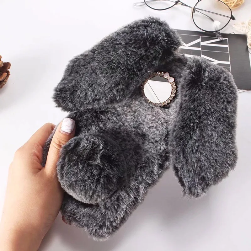 Funda De Peluche Para LG Q7 Q7 Plus Conejo Con Orejas Y Cola, Marrón Y  Con Bling