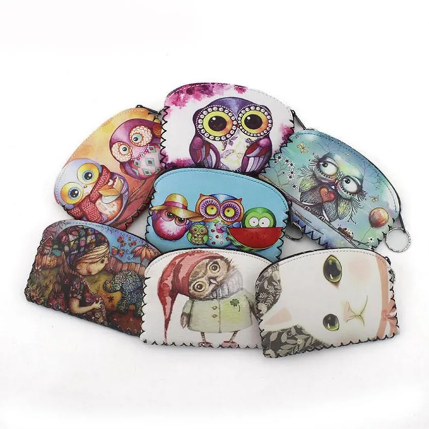 

M115 Women Coin Purses Owl Series Quality PU Leather Hand Sewn Edges Card Bag Zero Wallet Key Buckle Zipper Purses