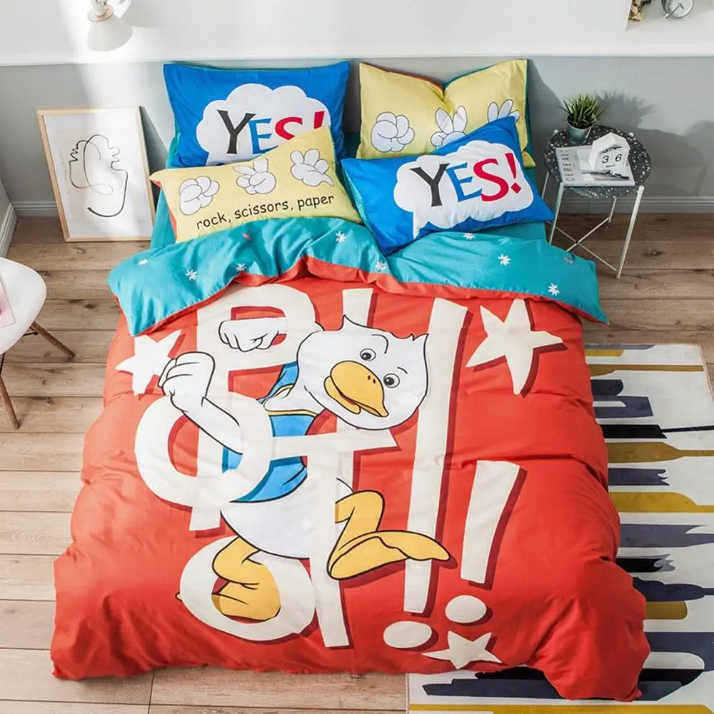 

2019 Cute Duck Red Letters Duvet Cover Set Cotton Bedlinens Twin Full Queen Flat Sheet Fitted Sheet Bedding Set Bed Cover
