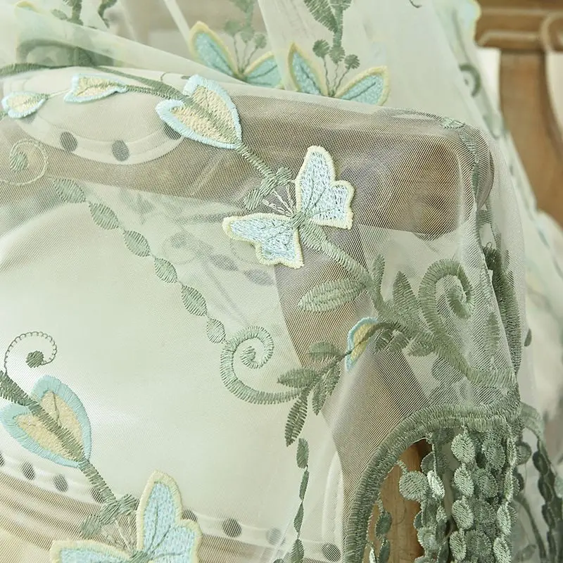 Новые пасторальные тюлевые шторы с вышивкой для гостиной, зеленые рельефные КРУЖЕВНЫЕ ШТОРЫ с бабочками для спальни, занавески с прозрачными панелями MY151#30 - Цвет: Светло-зеленый