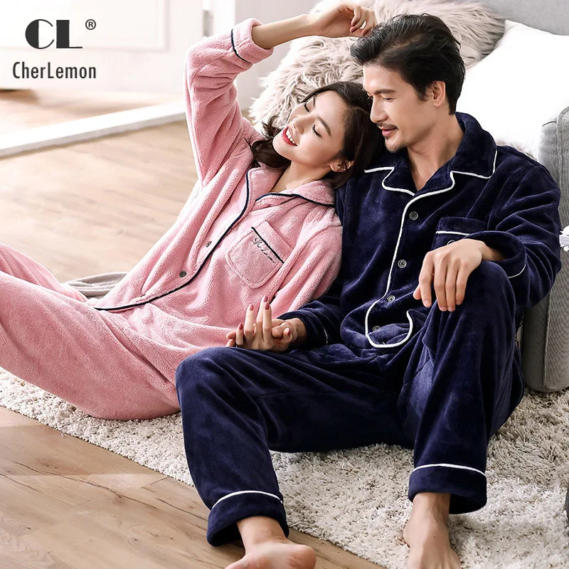 CherLemon Winter Couples Matching Pajamas Men Classic Thick Flannel