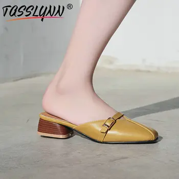 

TASSLYNN 2019 Basic Slip-On Round Toe Ladies Shoes Square Low Heels Big Girl Shoes PU Casual Summer Women Sandals Big Size 34-43