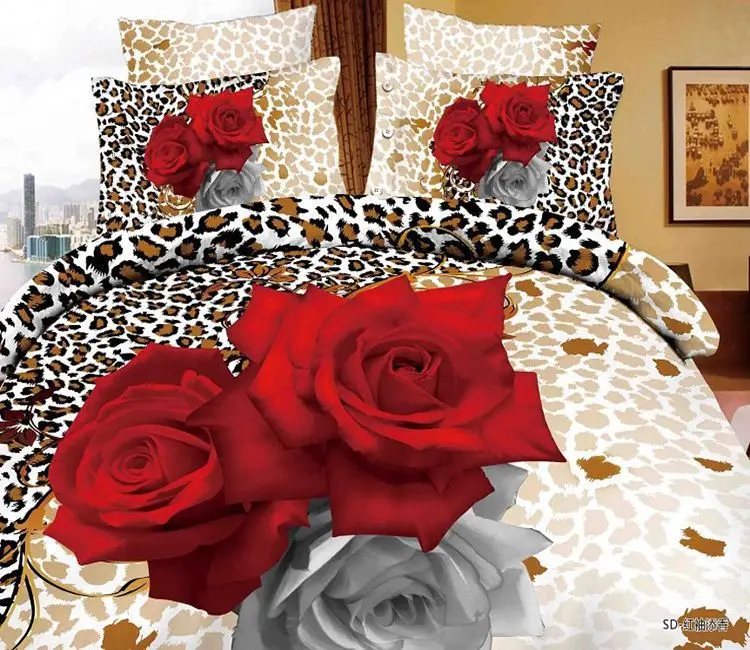 3D Red rose leopard floral designer bedding comforter set for queen size bedspread duvet cover