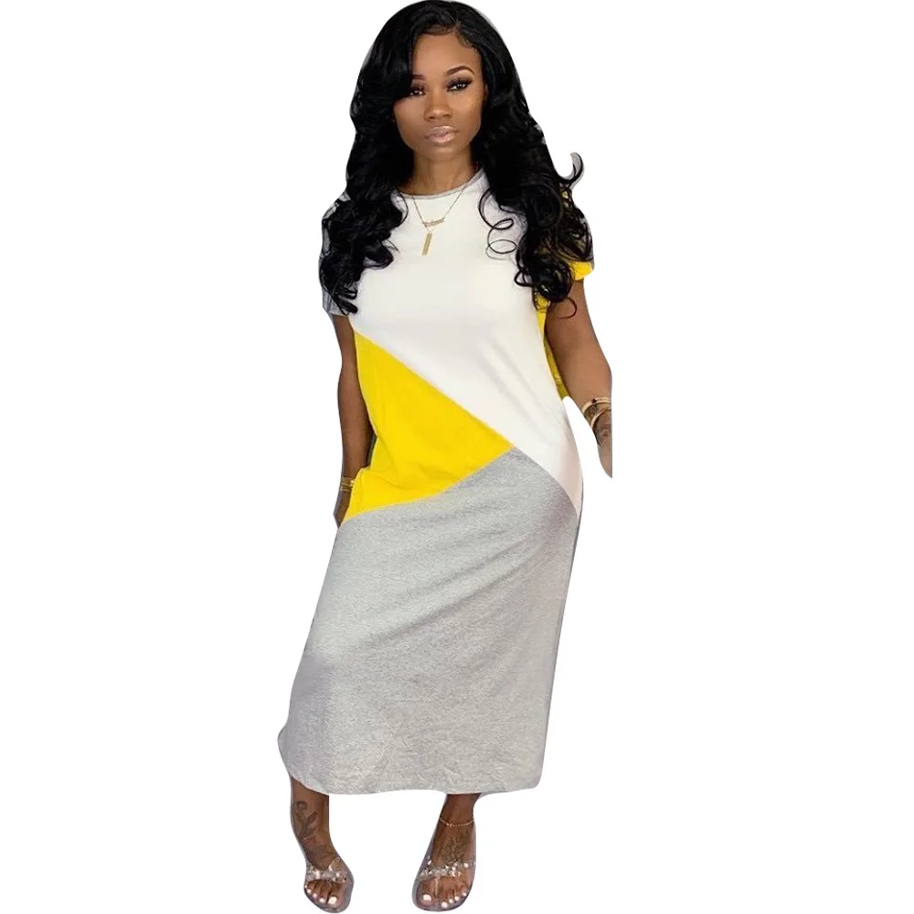 

2019 new women dress patchwork splicing short sleeve loose casual long design dresses vestidos