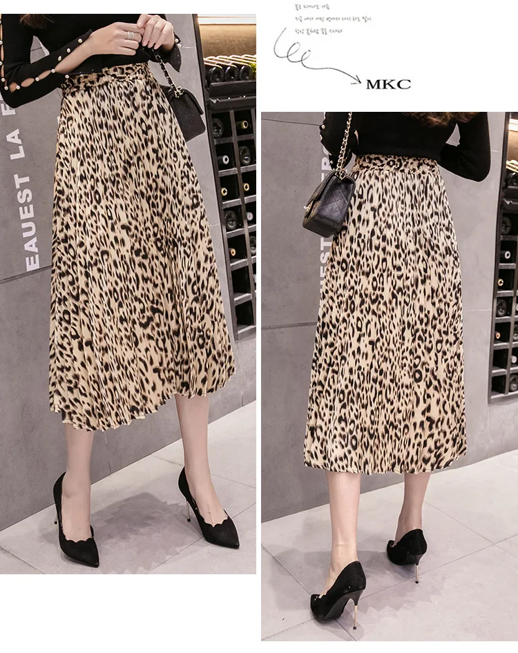 KoHuiJoo 2019 Осенняя длинная леопардовая юбка женская винтажная плиссированная юбка с высокой талией Элегантная Длинная пляжная юбка femininas
