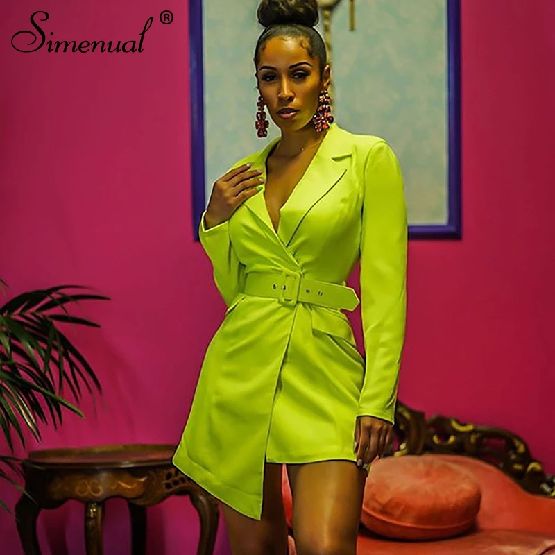 

Simeual Slim Neon Green Womens Blazers Long Sleeve Elegent Solid Sashes Jackets 2019 Autumn Fashion Ladies V Neck Long Blazer