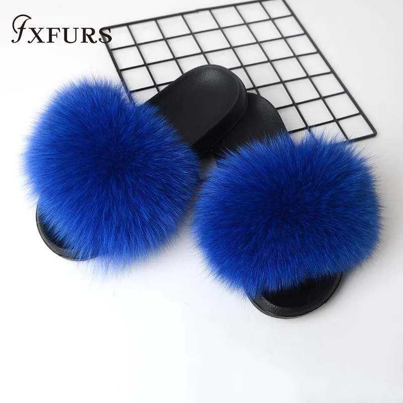 sapphire blue FXFURS/ г.; модные женские шлепанцы с лисьим мехом; сезон лето; пушистый мех; шлепанцы; пляжные скандалы; уличная ярмарка; шлепанцы; модная плюшевая обувь - Цвет: sapphire blue