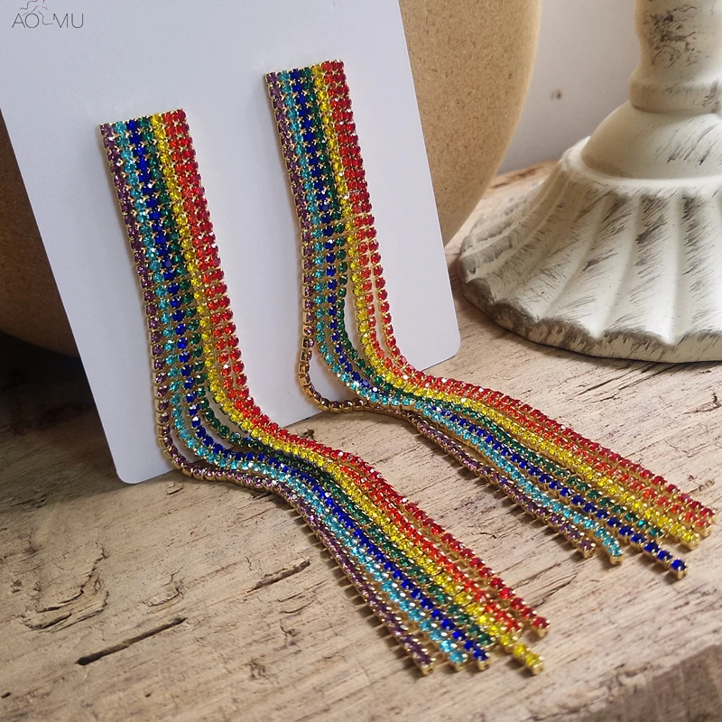 

AOMU 2019 New Design Korean Shiny Crystal Rainbow Color Long Tassel Statement Drop Dangle Earrings For Women Trendy Punk Gifts
