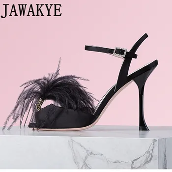 

Puffy Feather Embellished Satin Pumps Open Toe High Heel Sandals Party crystal rhinestone Dacing Shoes dress summer Shoes Women